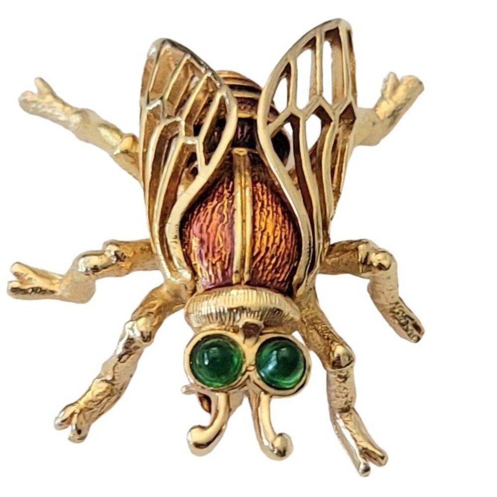 Boucher Gold Tone Enamel Green Glass Bullet Cab Eyes Bug, Fly Brooch Signed L44